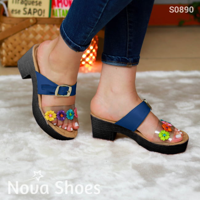 Tacones Decorados Con Flores Y Una Faja Gruesa De Cuerina Hebilla Azul / 35 Normal Zapatos Medianos