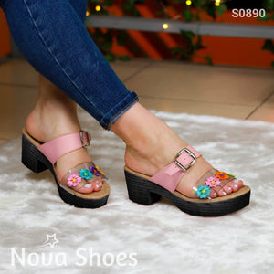 Tacones Decorados Con Flores Y Una Faja Gruesa De Cuerina Hebilla Rosado / 35 Normal Zapatos