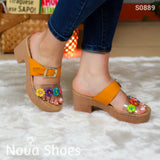 Tacones Medianos Decorados Con Flores Y Una Faja Gruesa De Cuerina Hebilla Anaranjado / 35 Normal