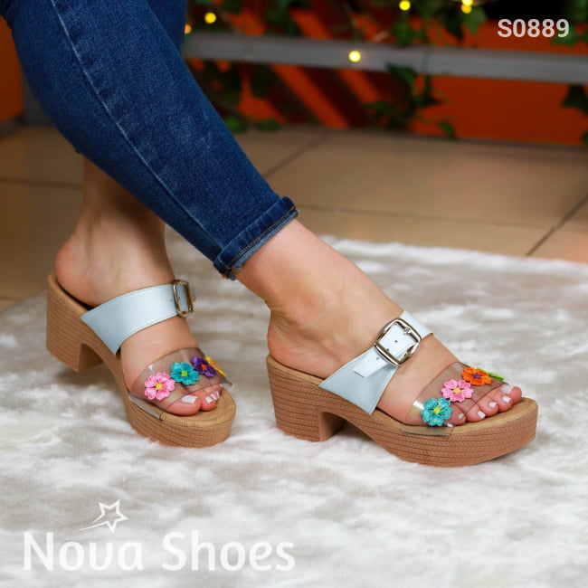 Tacones Medianos Decorados Con Flores Y Una Faja Gruesa De Cuerina Hebilla Blanco / 35 Normal
