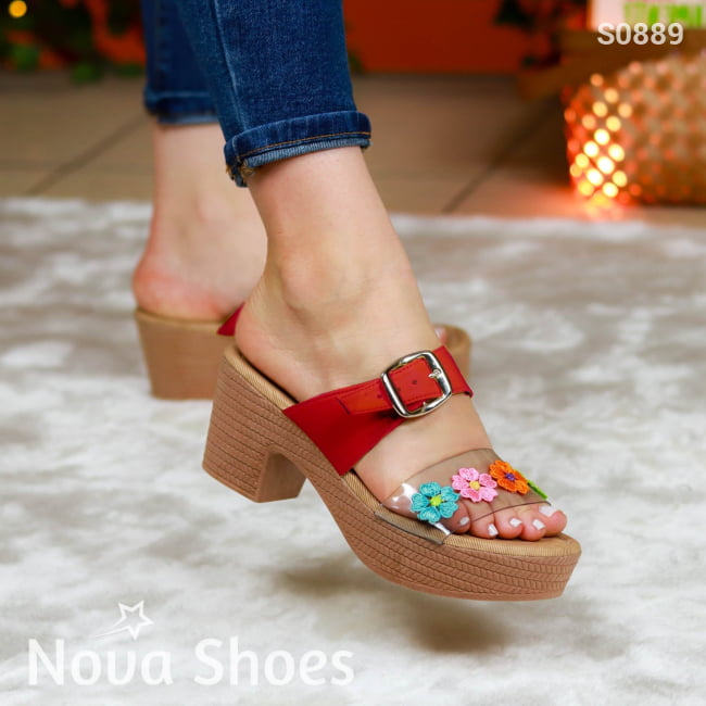 Tacones Medianos Decorados Con Flores Y Una Faja Gruesa De Cuerina Hebilla Rojo / 35 Normal Zapatos