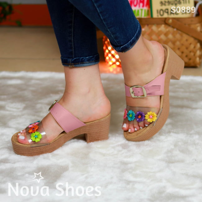 Tacones Medianos Decorados Con Flores Y Una Faja Gruesa De Cuerina Hebilla Rosado / 35 Normal