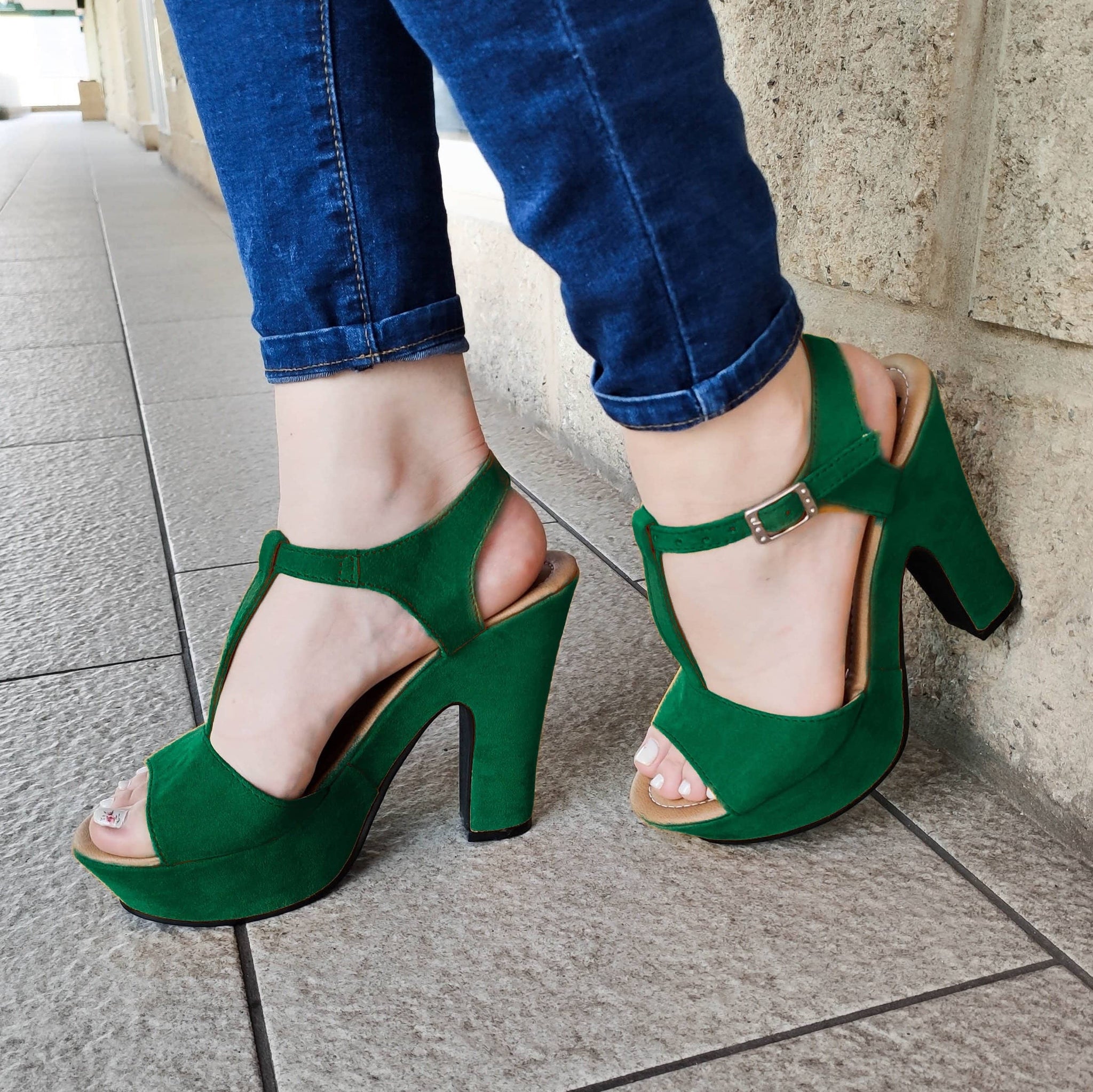 Hecho De Cuerina Gamuzada Unidos En Medio Verde / 35 Normal Zapatos Altos