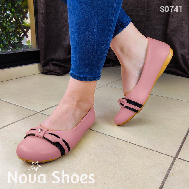 Zapato Bajito Cerrado Flats Combinado Con Una Tira Color Negra Rosado / 35 Normal Zapatos Bajitos