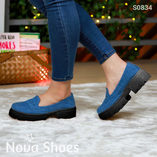Zapato Cerrado En Tela De Jean Innovador Estilo Mocasin Con Suela Negra Jean Claro / 35 Normal