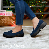 Zapato Cerrado En Tela De Jean Innovador Estilo Mocasin Con Suela Negra Zapatos Medianos