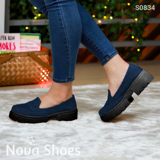 Zapato Cerrado En Tela De Jean Innovador Estilo Mocasin Con Suela Negra Zapatos Medianos