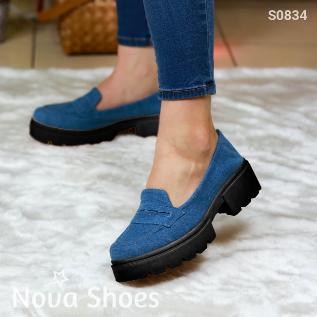 Zapato Cerrado En Tela De Jean Innovador Estilo Mocasin Con Suela Negra Zapatos Medianos