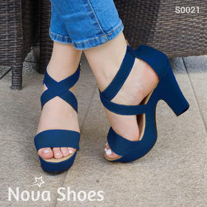 Zapato Con Fajas Traseras Cruzadas Gruesas Azul / 35 Normal Zapatos Altos
