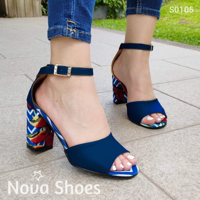 Zapato Con Tacon Diseño Colorido Azul / 35 Normal Zapatos Medianos