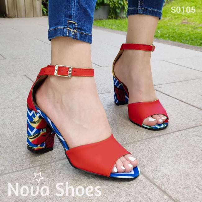 Zapato Con Tacon Diseño Colorido Rojo / 35 Normal Zapatos Medianos