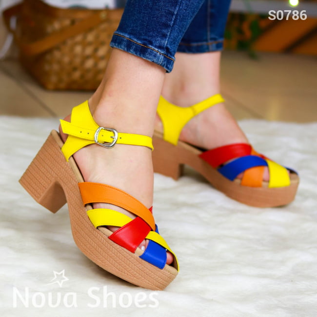 Zapato De Colores Combinados Hechos Cuerina. Suela Tacon Amarillo / 35 Normal Zapatos Medianos