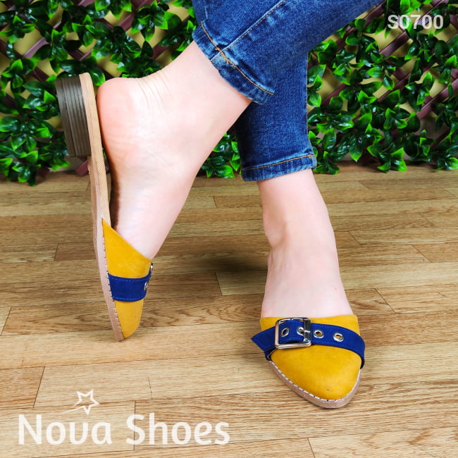 Zapato De Gamuza En Colores Combinados Con Azul. Sandalia Meter Amarillo / 35 Normal Zapatos Bajitos