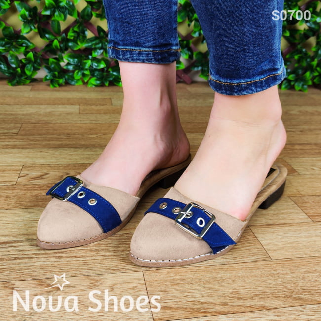 Zapato De Gamuza En Colores Combinados Con Azul. Sandalia Meter Beige / 35 Normal Zapatos Bajitos
