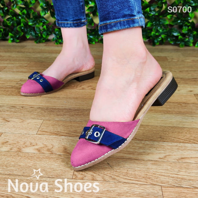 Zapato De Gamuza En Colores Combinados Con Azul. Sandalia Meter Fucsia / 35 Normal Zapatos Bajitos