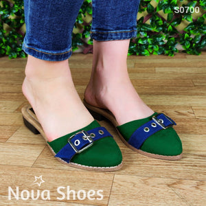 Zapato De Gamuza En Colores Combinados Con Azul. Sandalia Meter Verde / 35 Normal Zapatos Bajitos
