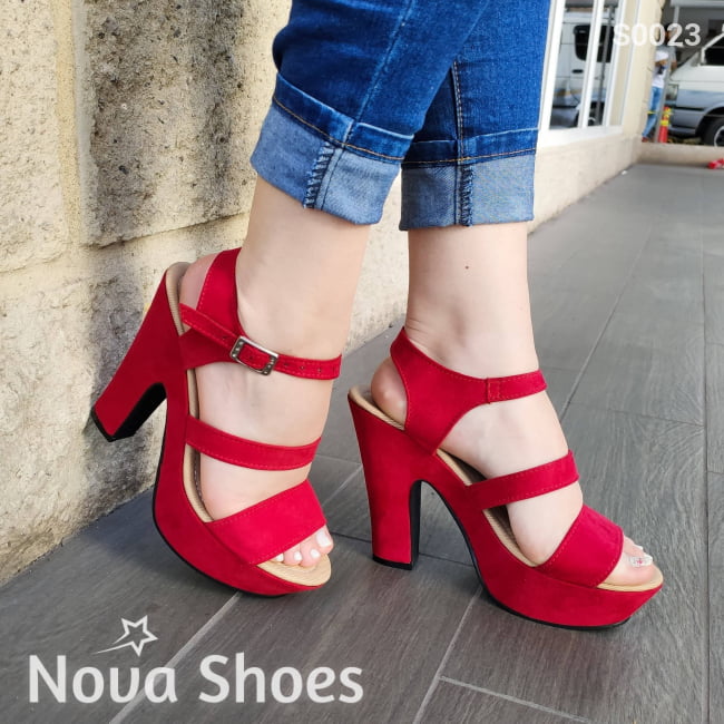 Zapato Diseñado Con Tres Fajas Paralelas Hecho De Gamuza Rojo / 35 Normal Zapatos Altos