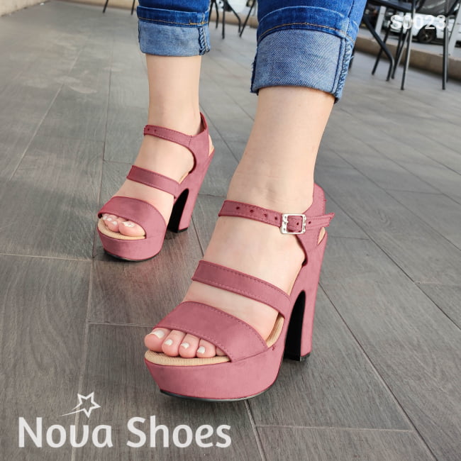Zapato Diseñado Con Tres Fajas Paralelas Hecho De Gamuza Rosado / 35 Normal Zapatos Altos