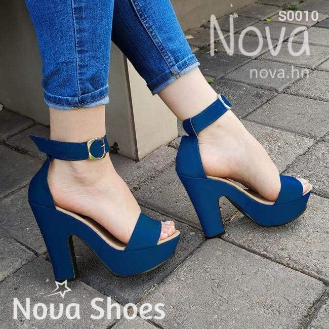 Zapato Para Dama Con Una Faja Gruesa Enfrente Azul / 35 Normal Zapatos Altos