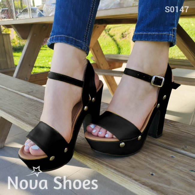 Zapatos Altos Para Dama Con Botones De Metal Negro / 35 Normal