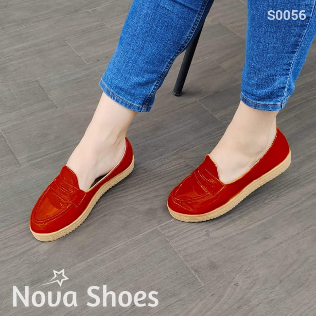 Zapatos Bajos Hechos En Charol Suela Beige Rojo / 35 Normal Bajitos