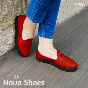Zapatos Bajos Hechos En Charol Suela Negra Rojo / 35 Normal Bajitos