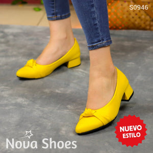 Zapatos Con Tacón Bajo Y Detalle De Nudo Delicado 35 / Normal Amarillo Bajitos
