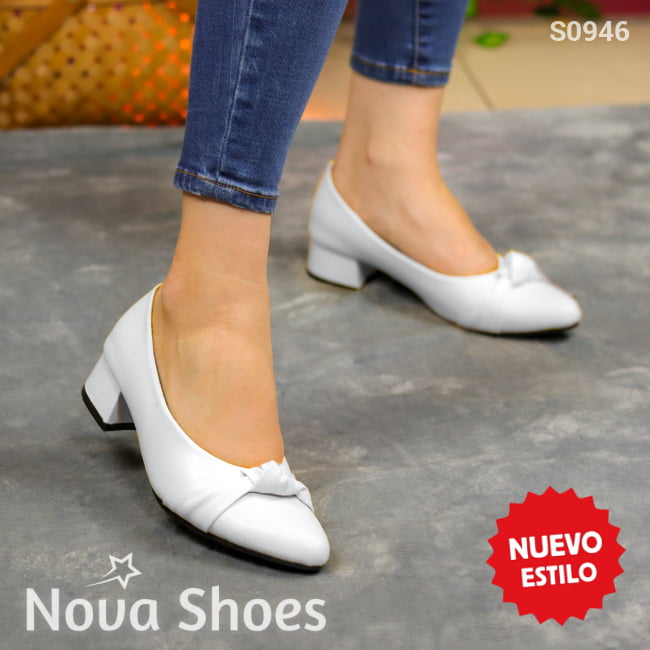 Zapatos Con Tacón Bajo Y Detalle De Nudo Delicado 35 / Normal Blanco Bajitos
