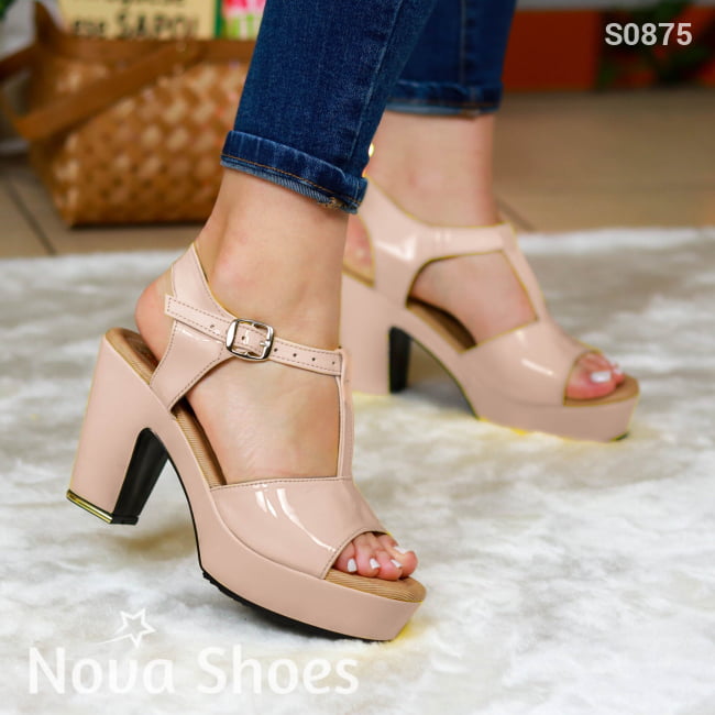 Zapatos De Tacon Mediano En Charol Beige / 35 Normal Medianos