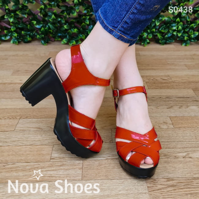 Zapatos Elaborados En Charol Diseñados Con Tacón Cuadrado Color Negro Rojo / 35 Normal