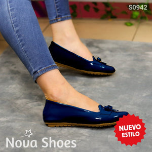 Zapatos Flats Dulce Encanto Con Adorno Y Hechos En Charol Brillante Azul / 35 Recio Bajitos