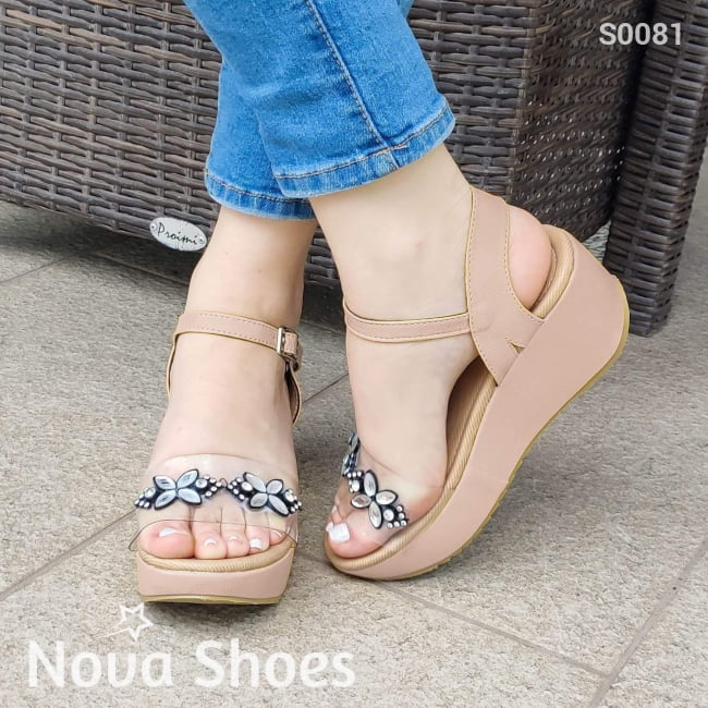 Zapatos Hechos Con Fajas De Cuerina Y Transparentes. Plataforma Mediana Beige / 34 Normal Medianos