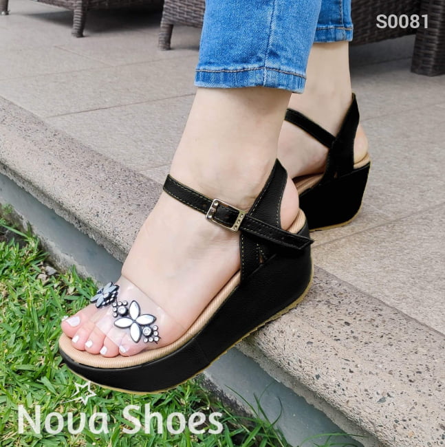 Zapatos Hechos Con Fajas De Cuerina Y Transparentes. Plataforma Mediana Negro / 34 Normal Medianos